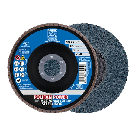 Pferd 5" x 7/8" A.H. POLIFAN Flap Disc - Z SG POWER STEELOX, Zirconia, 60 Grit, Flat 62184